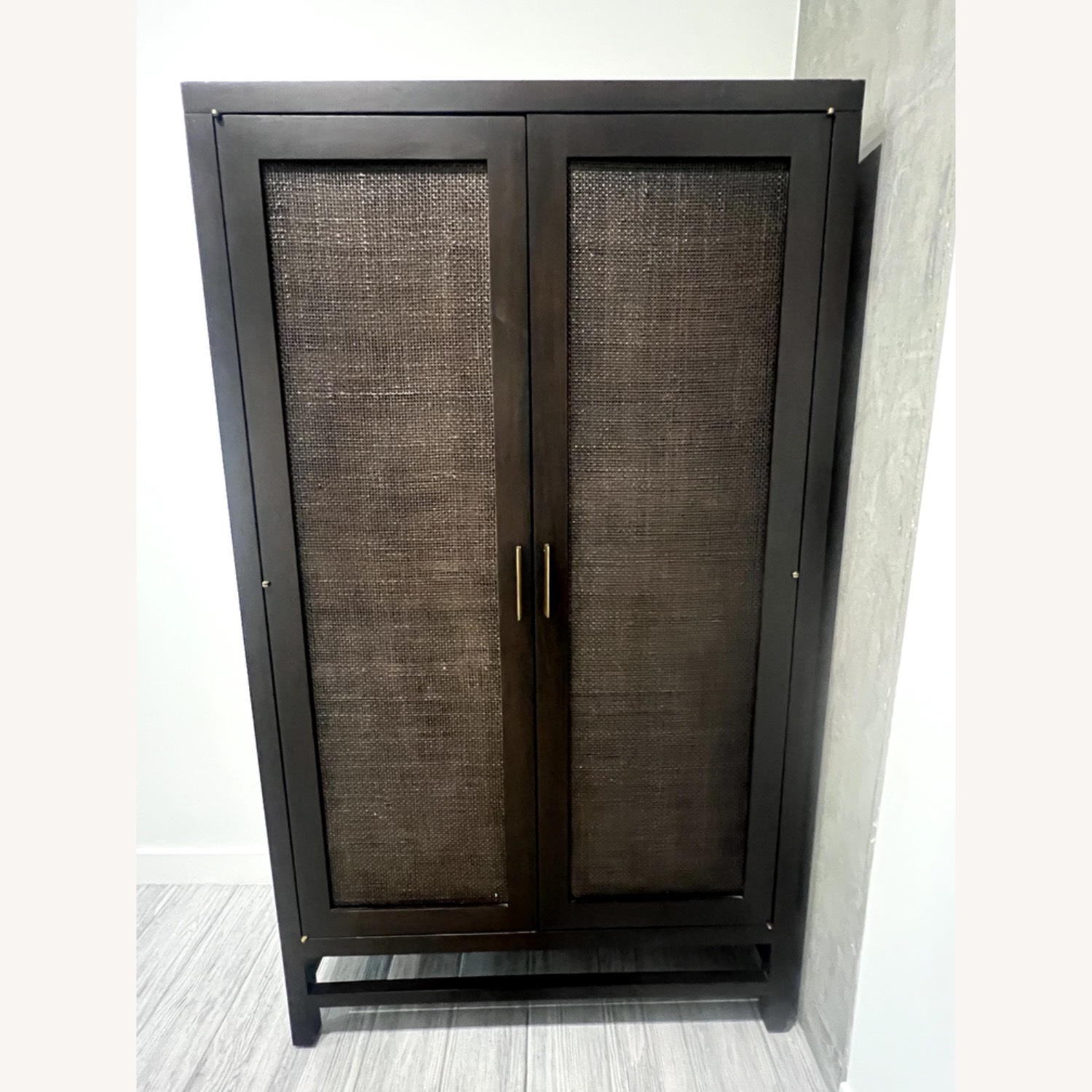 Crate & Barrel Blake 3" Dark Brown Teak & Rattan Storage Cabinet - image-1