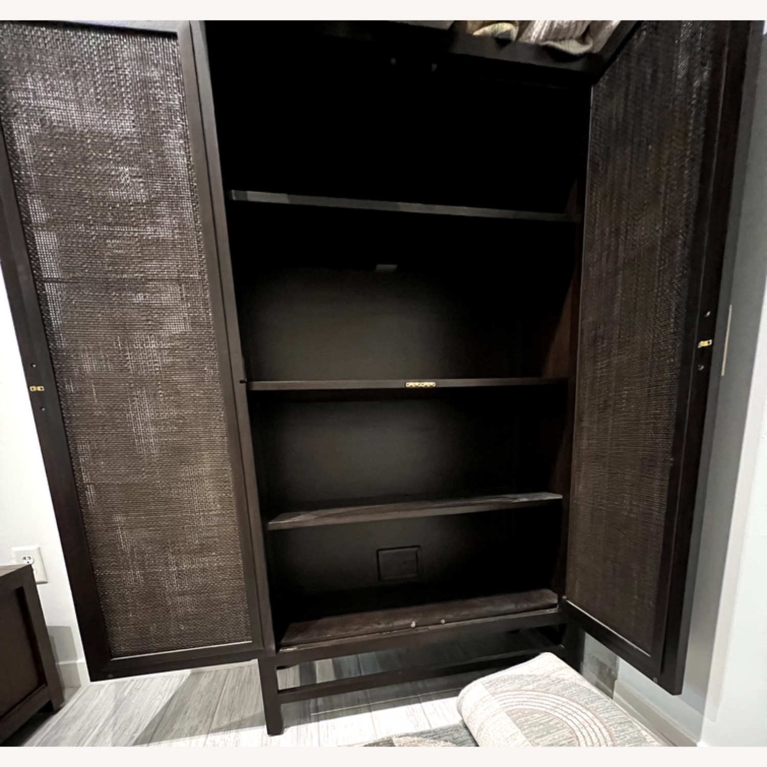 Crate & Barrel Blake 3" Dark Brown Teak & Rattan Storage Cabinet - image-3