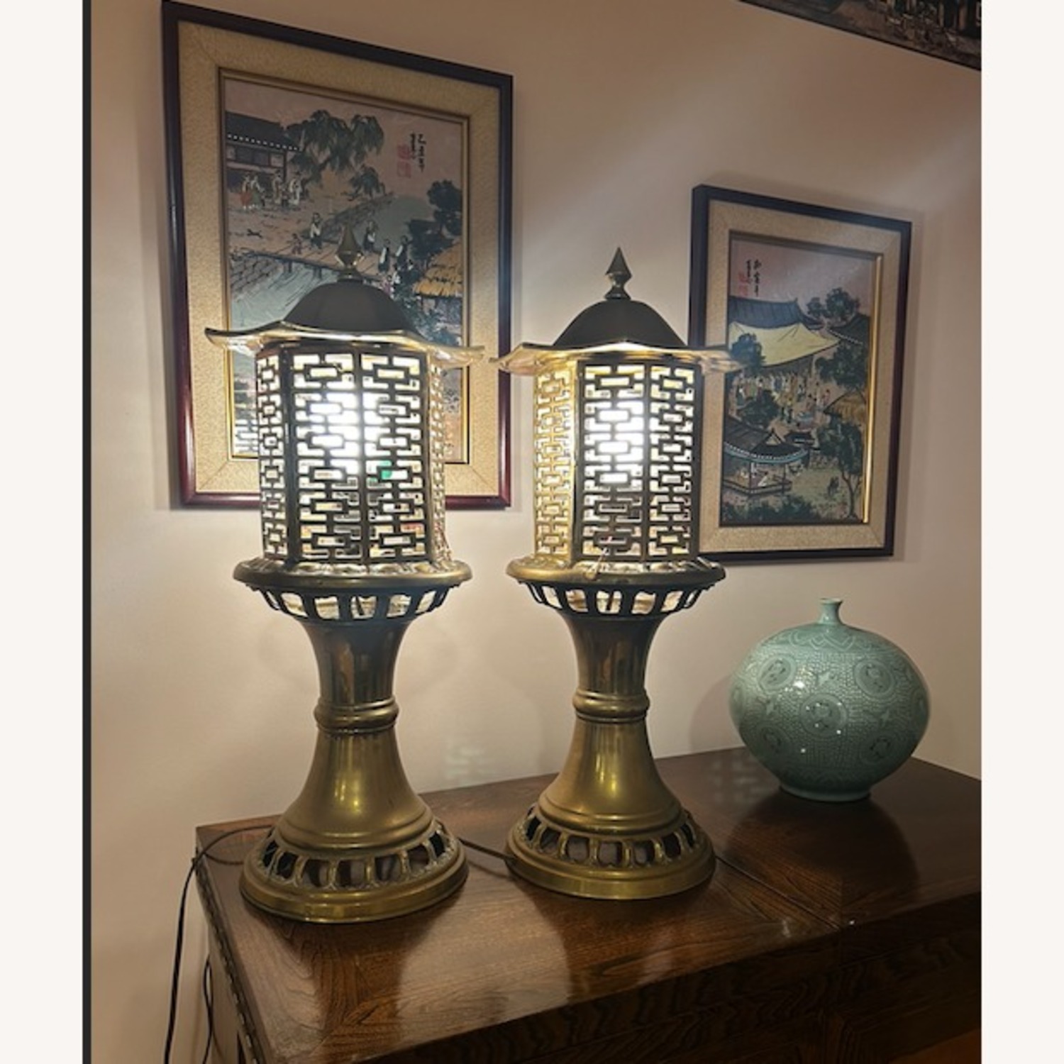 Vintage Solid Brass Chinese Pagoda Lamp - image-2