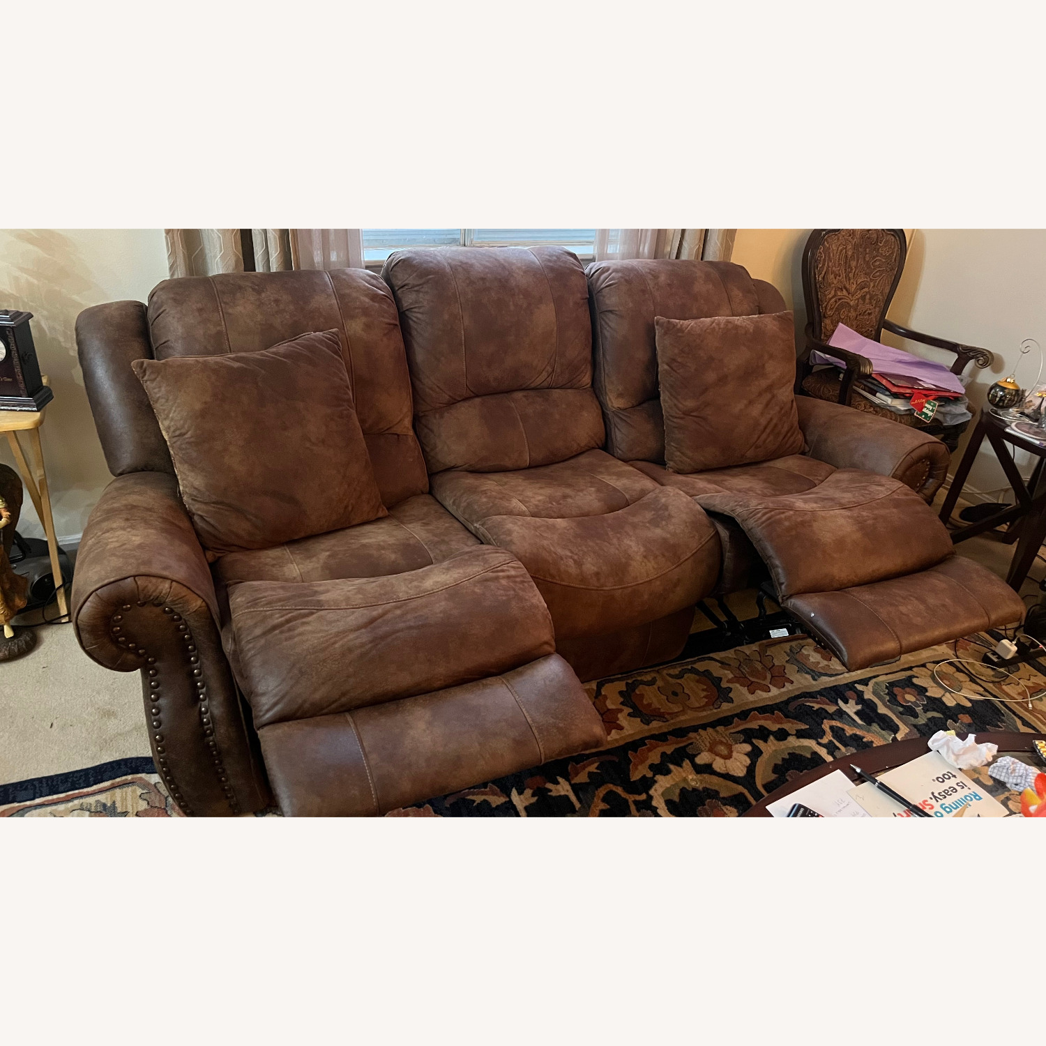 Dark Brown Fabric 3+ Seater Sofa W Seat Recliners - image-1