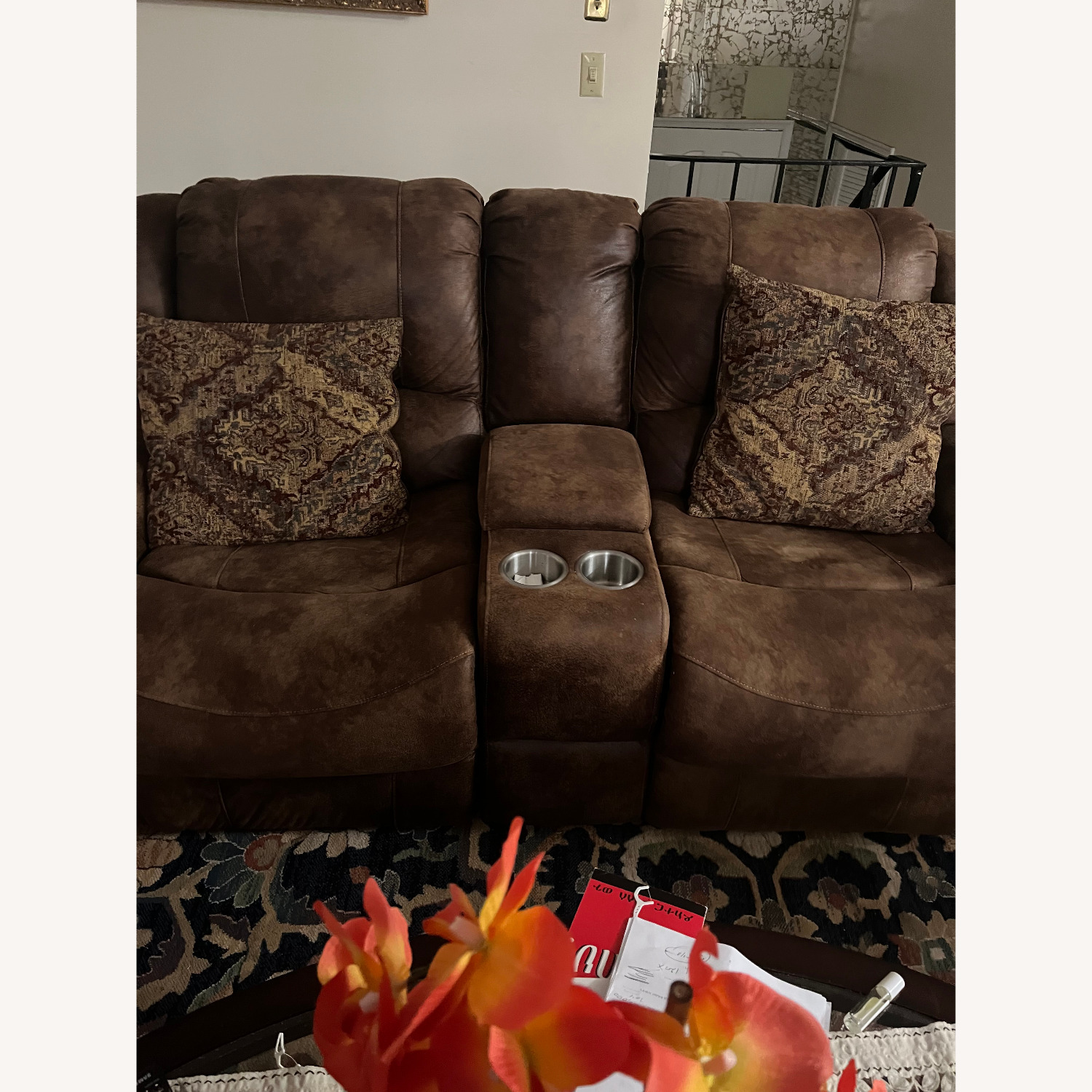 Dark Brown Fabric 2 Seater Sofa W Seat Recliners - image-3