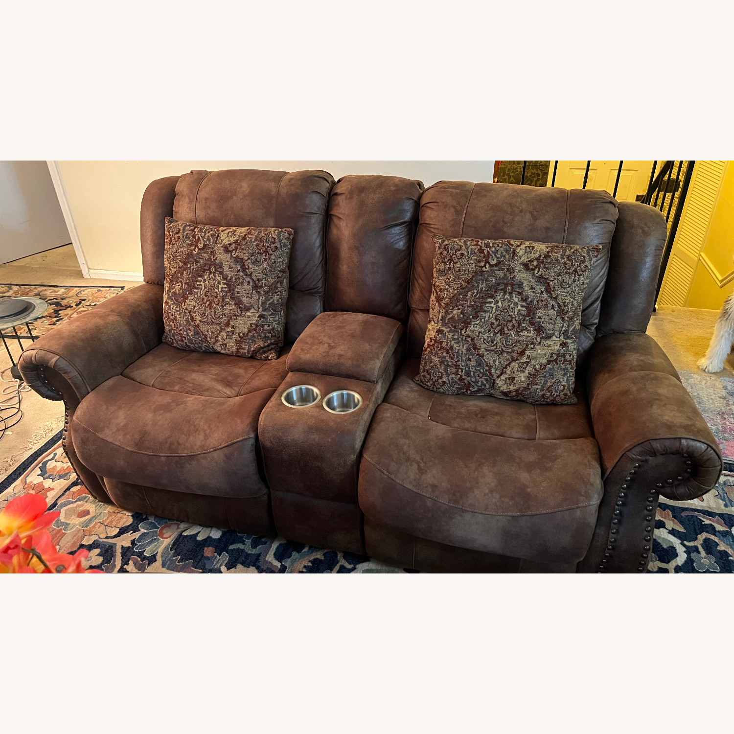 Dark Brown Fabric 2 Seater Sofa W Seat Recliners - image-0
