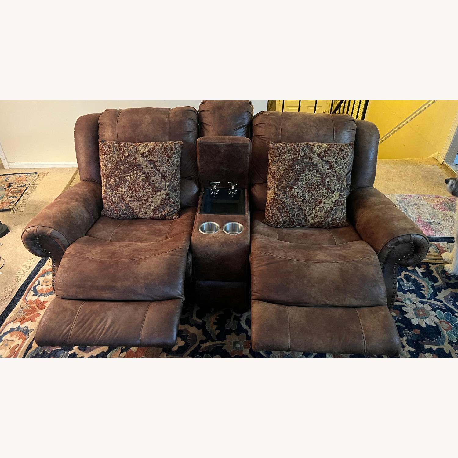 Dark Brown Fabric 2 Seater Sofa W Seat Recliners - image-2