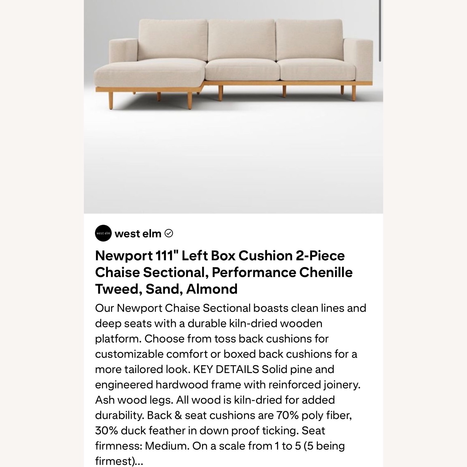 West Elm New Port White Fabric 2 Piece Sectional - image-8