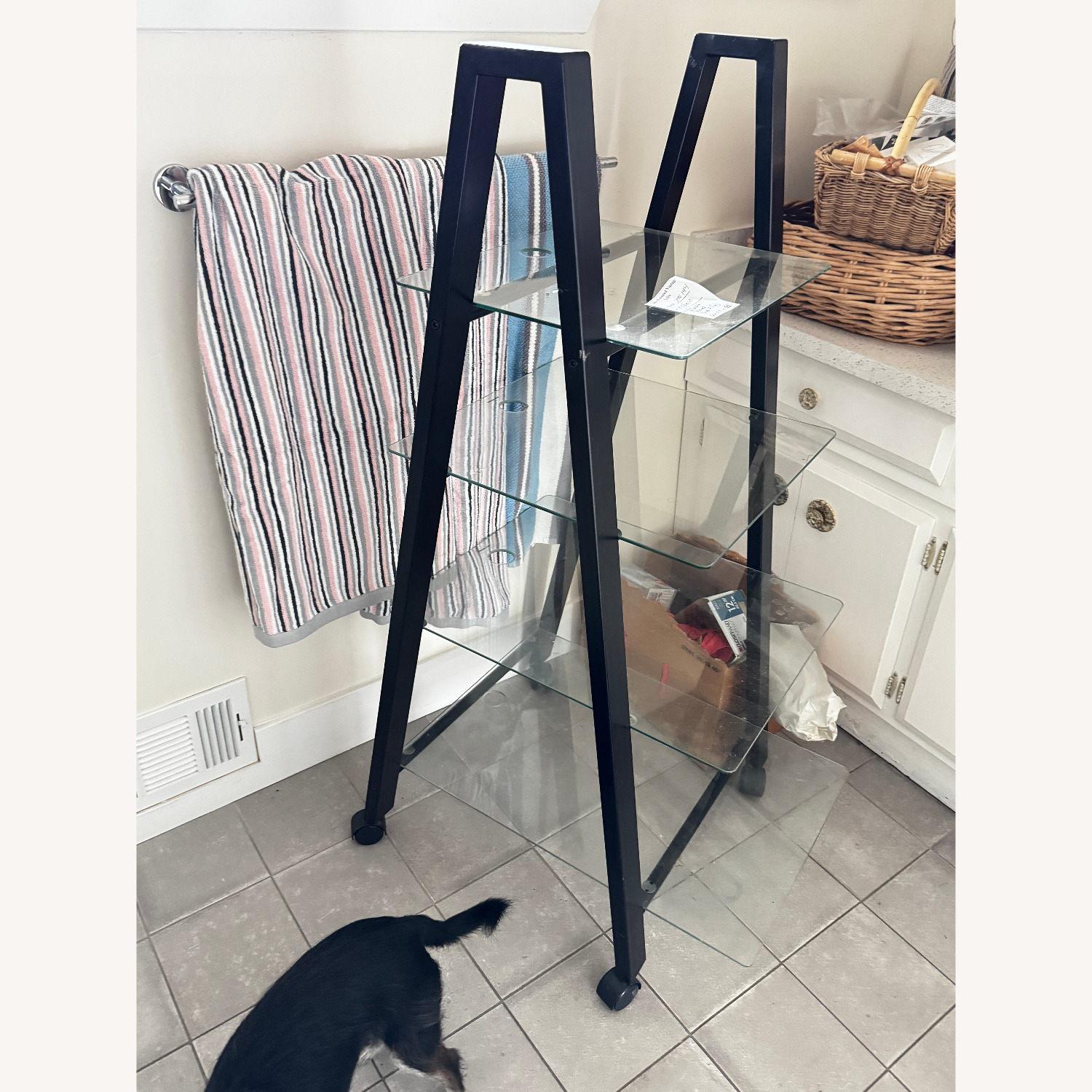 Black Metal and Glass Shelves With Wheels - image-5