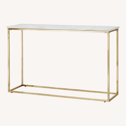 Used Donny Osmond Isabelle Marble Sofa Table with Brushed Brass Legs in White for sale on AptDeco