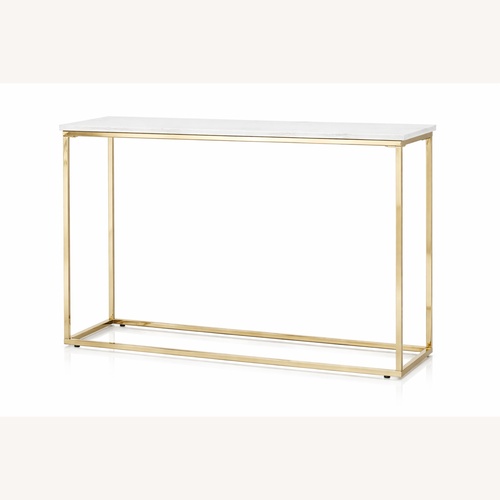 Used Donny Osmond Isabelle Marble Sofa Table with Brushed Brass Legs in White for sale on AptDeco