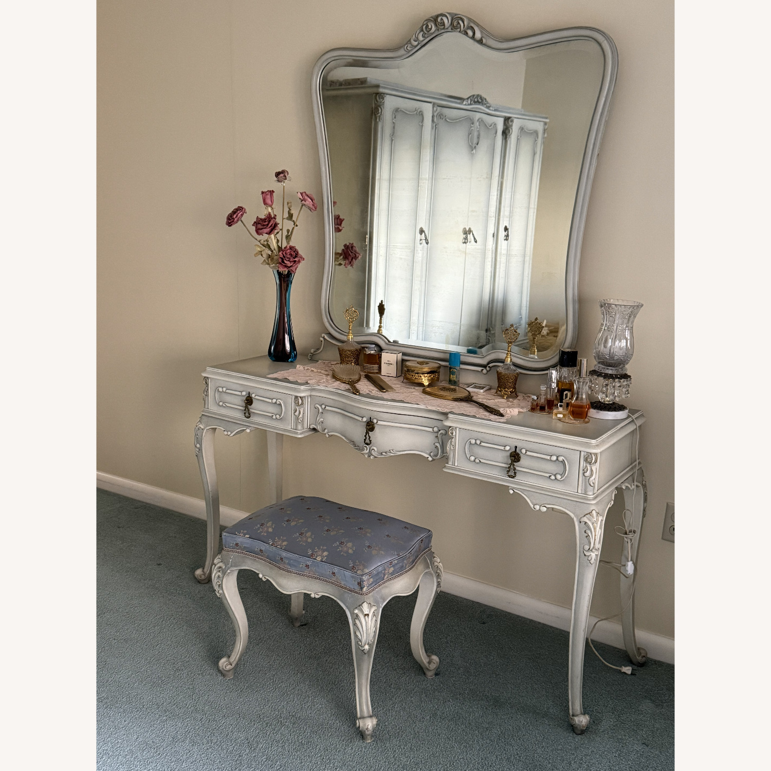 Vintage/Antique Rococo Vanity with Mirror & Bench - image-2