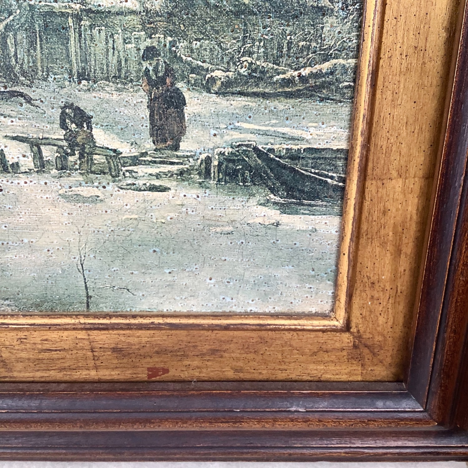 Antique Winter Village Scene in Gilt Wood Frame - image-5