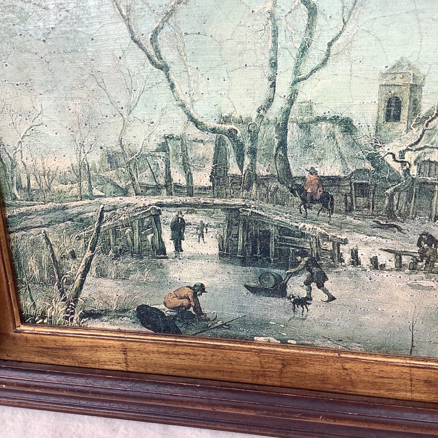 Antique Winter Village Scene in Gilt Wood Frame - image-3