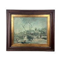 Antique Winter Village Scene in Gilt Wood Frame