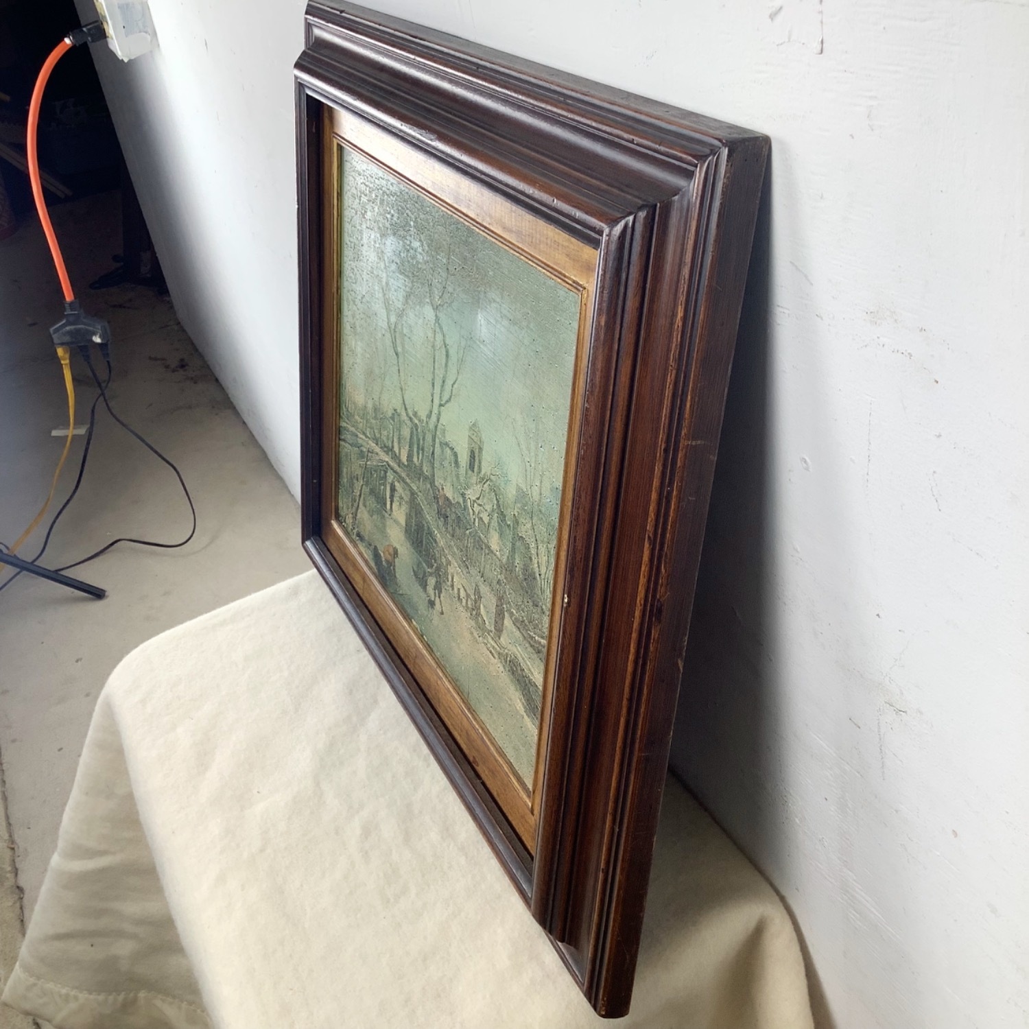 Antique Winter Village Scene in Gilt Wood Frame - image-13