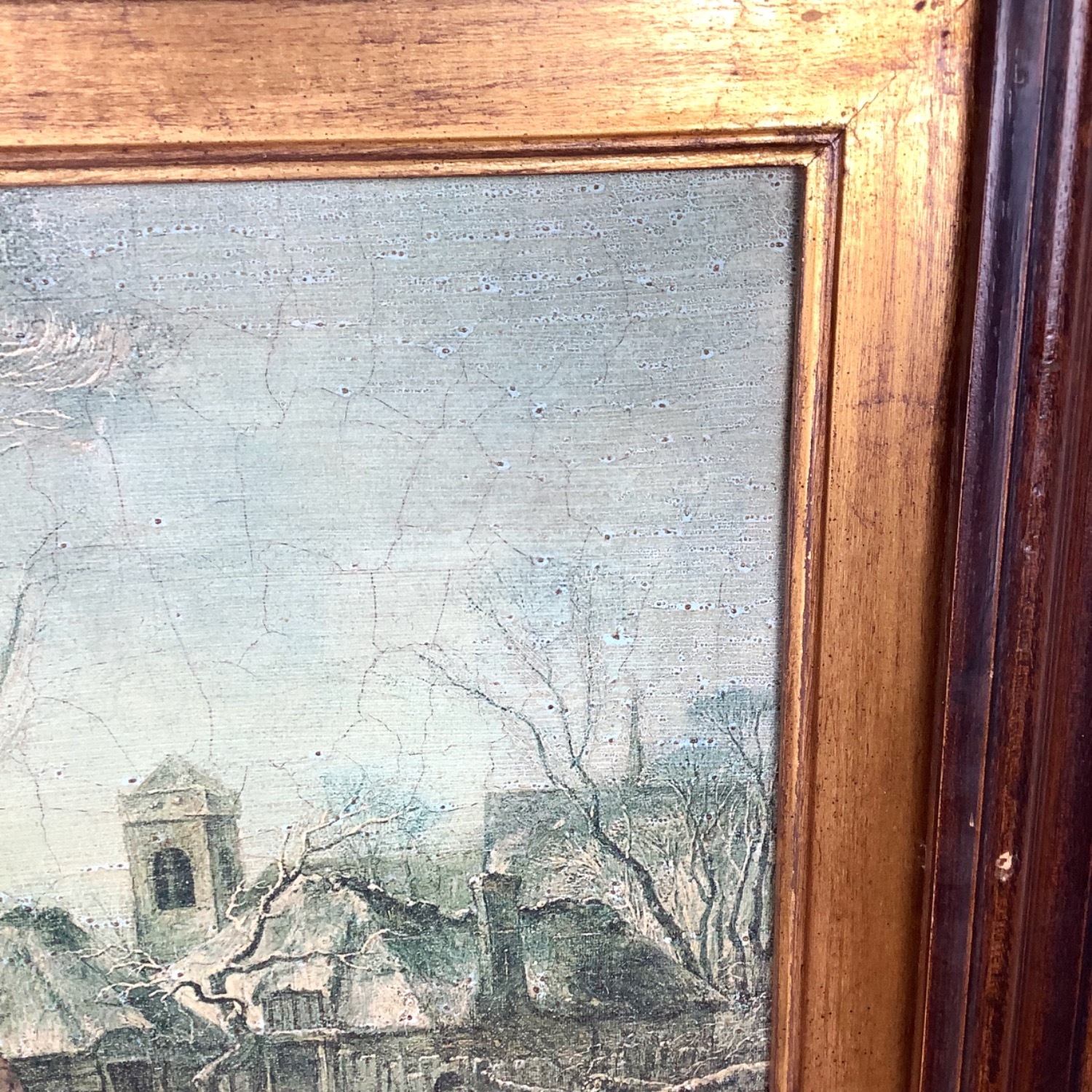 Antique Winter Village Scene in Gilt Wood Frame - image-4