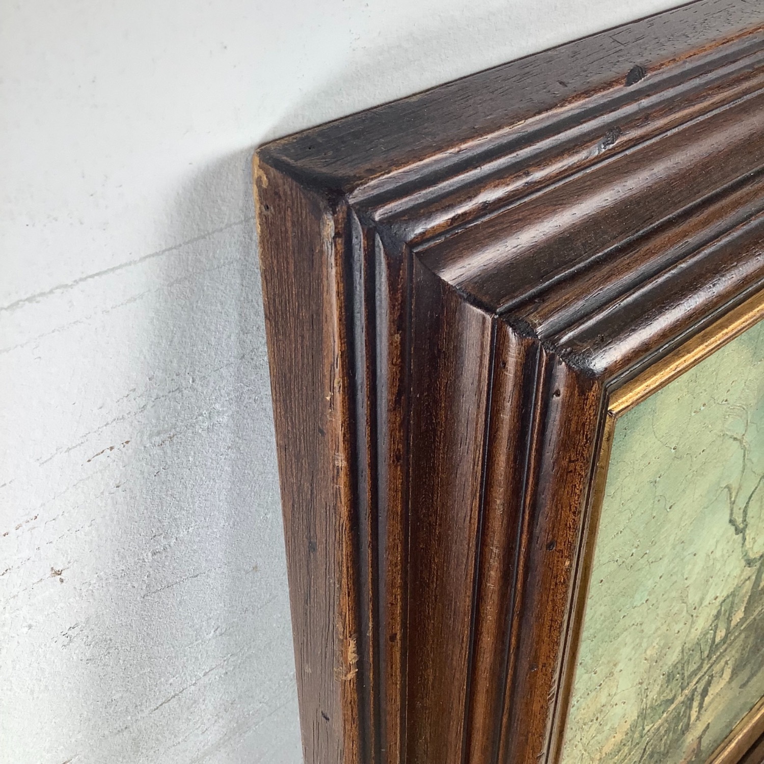 Antique Winter Village Scene in Gilt Wood Frame - image-14