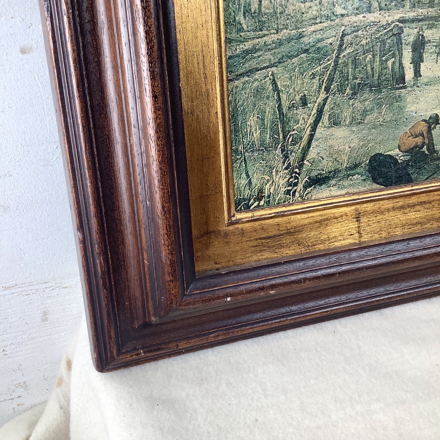 Antique Winter Village Scene in Gilt Wood Frame - image-11