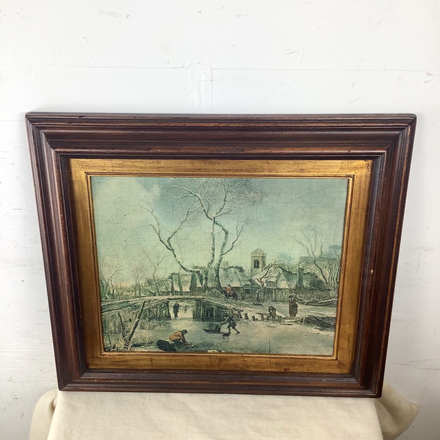 Antique Winter Village Scene in Gilt Wood Frame - image-2