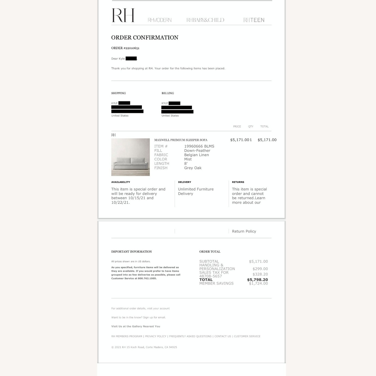 Rsetoration Hardware Maxwell 8’ Linen Sleeper Sofa in Mist - image-7