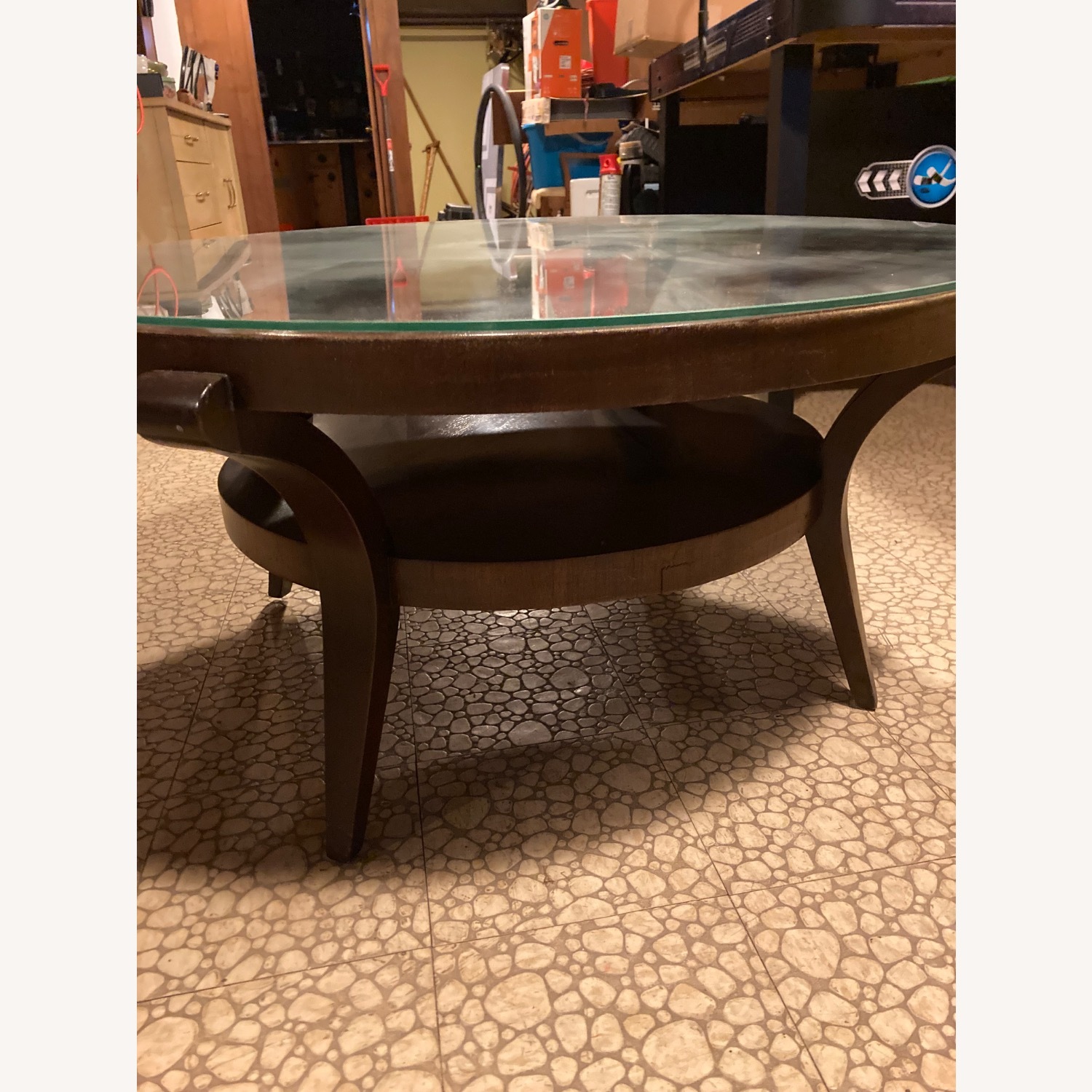 Round Brown Wood Coffee Table w Glass Top - image-1