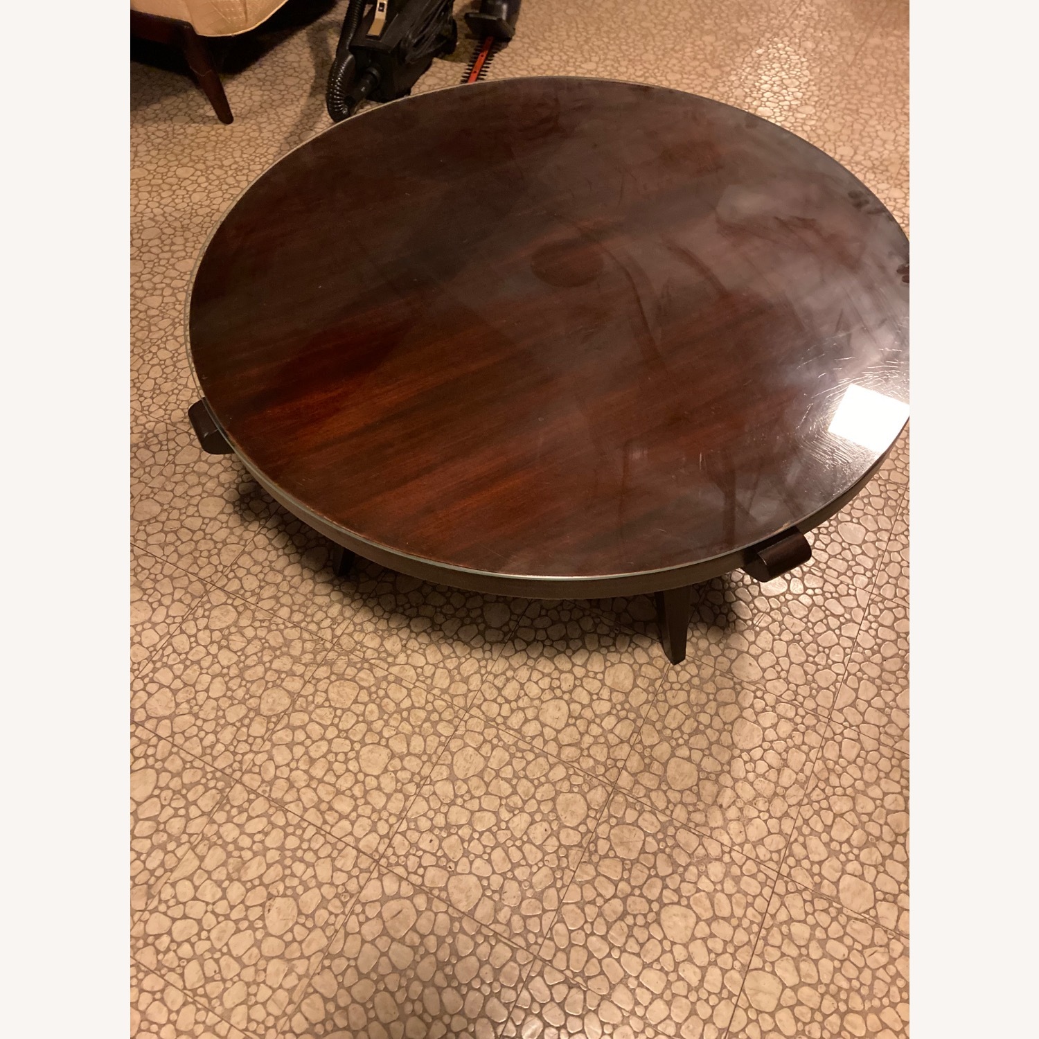 Round Brown Wood Coffee Table w Glass Top - image-2