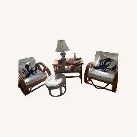 Vintage Rattan Set Sofa 2 Club Chairs Coffee Table