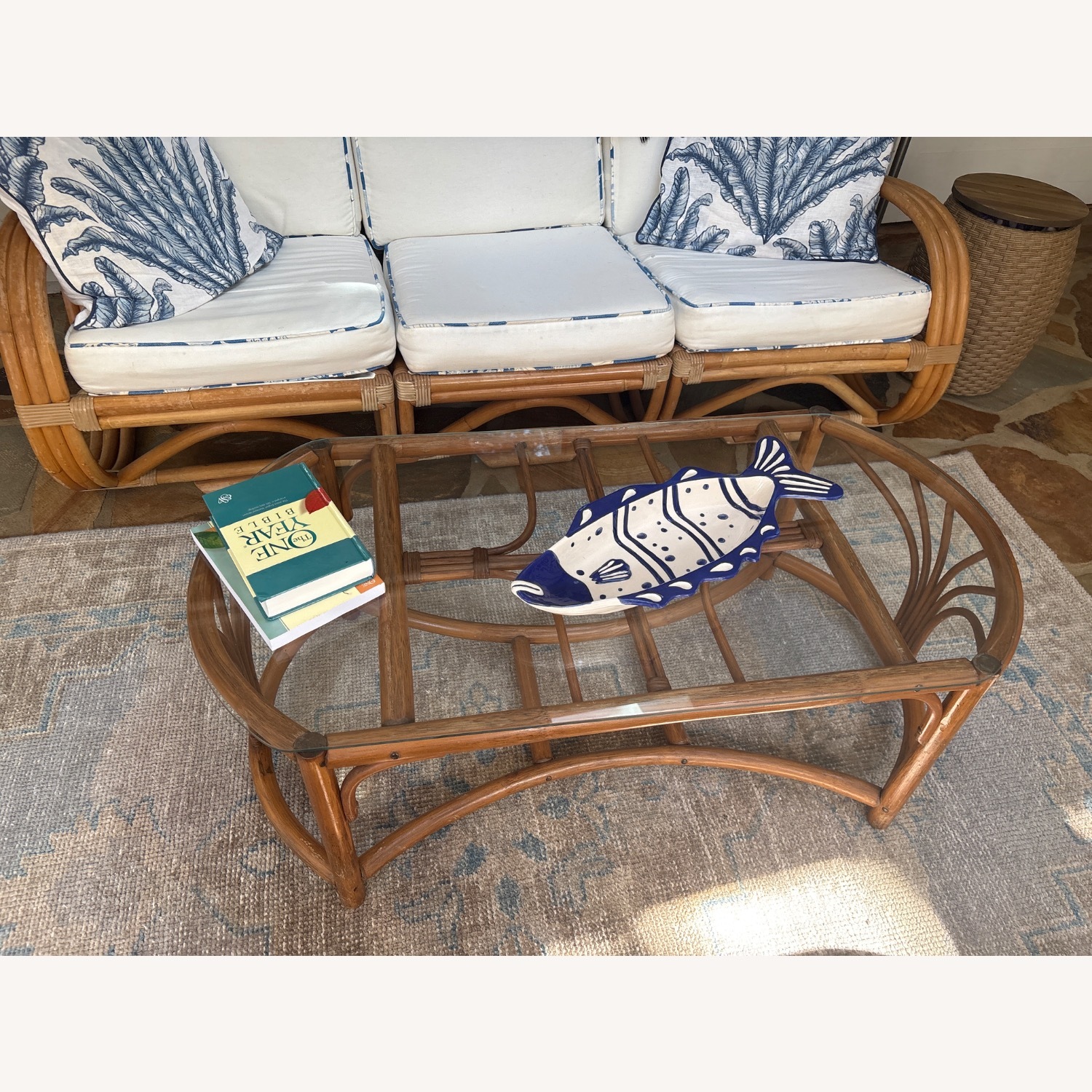 Vintage Rattan Set Sofa 2 Club Chairs Coffee Table - image-3