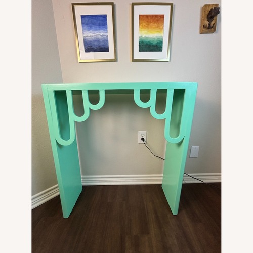 Used Turquoise Entryway Table with Arch Deco Details for sale on AptDeco