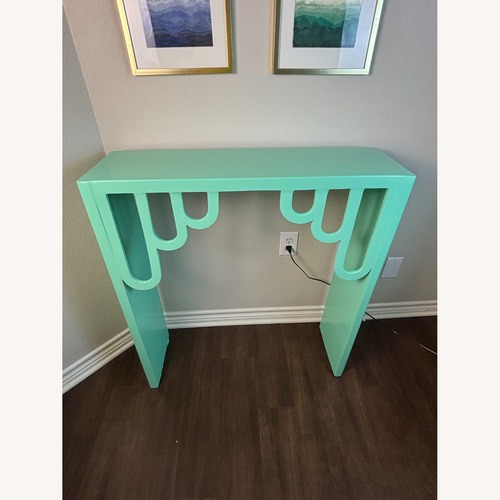 Used Turquoise Entryway Table with Arch Deco Details for sale on AptDeco
