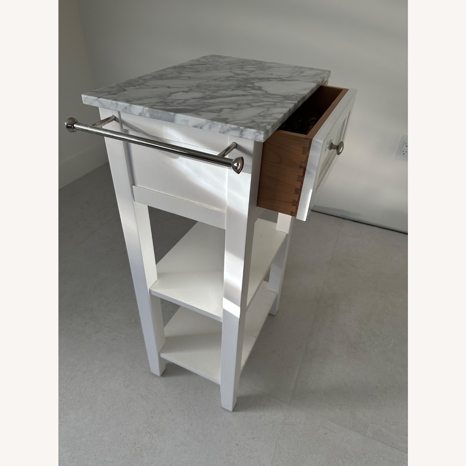 Pottery Barn White Wood Side Table Marble Top - image-1