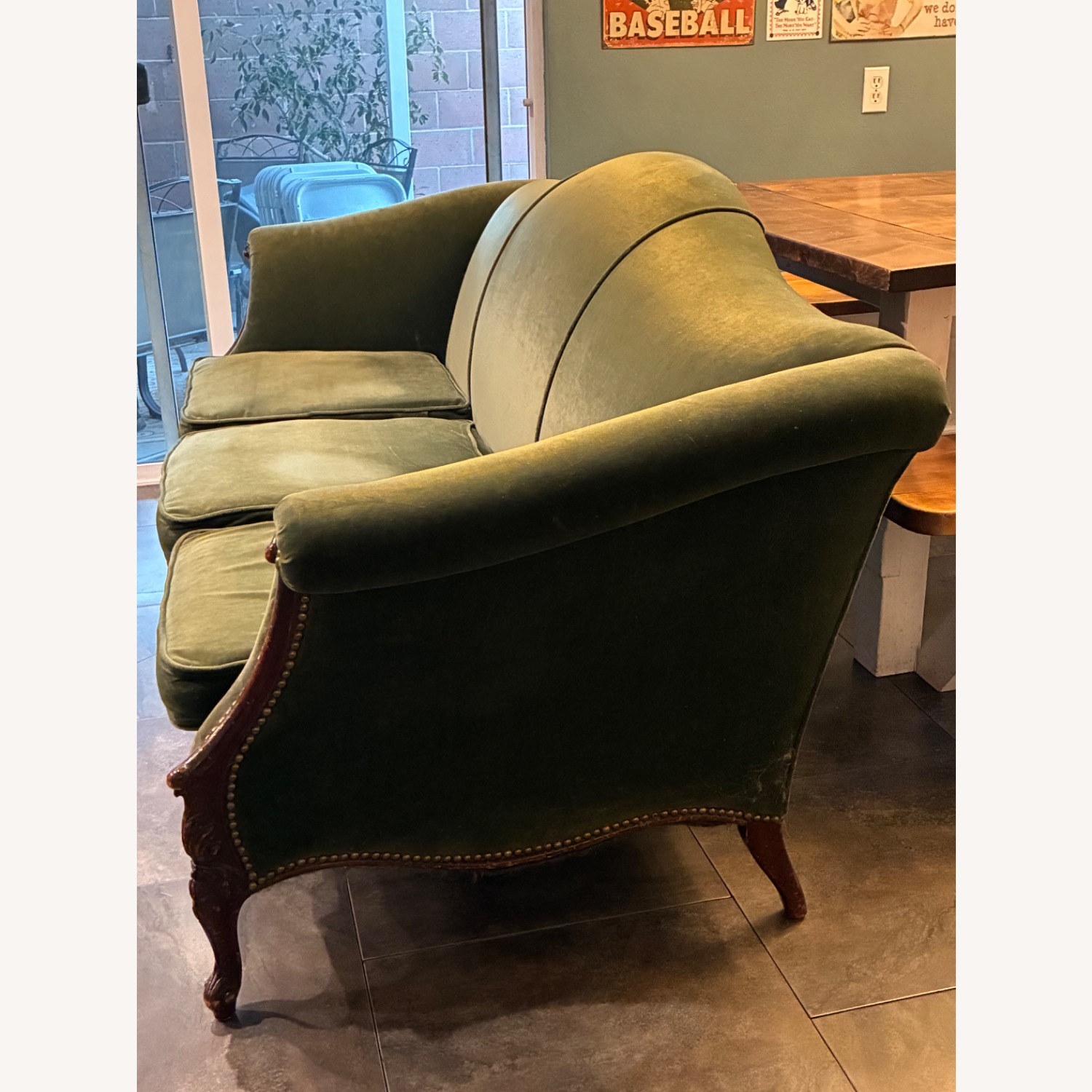 Vintage Green Velvet 3 Seater Sofa - image-2
