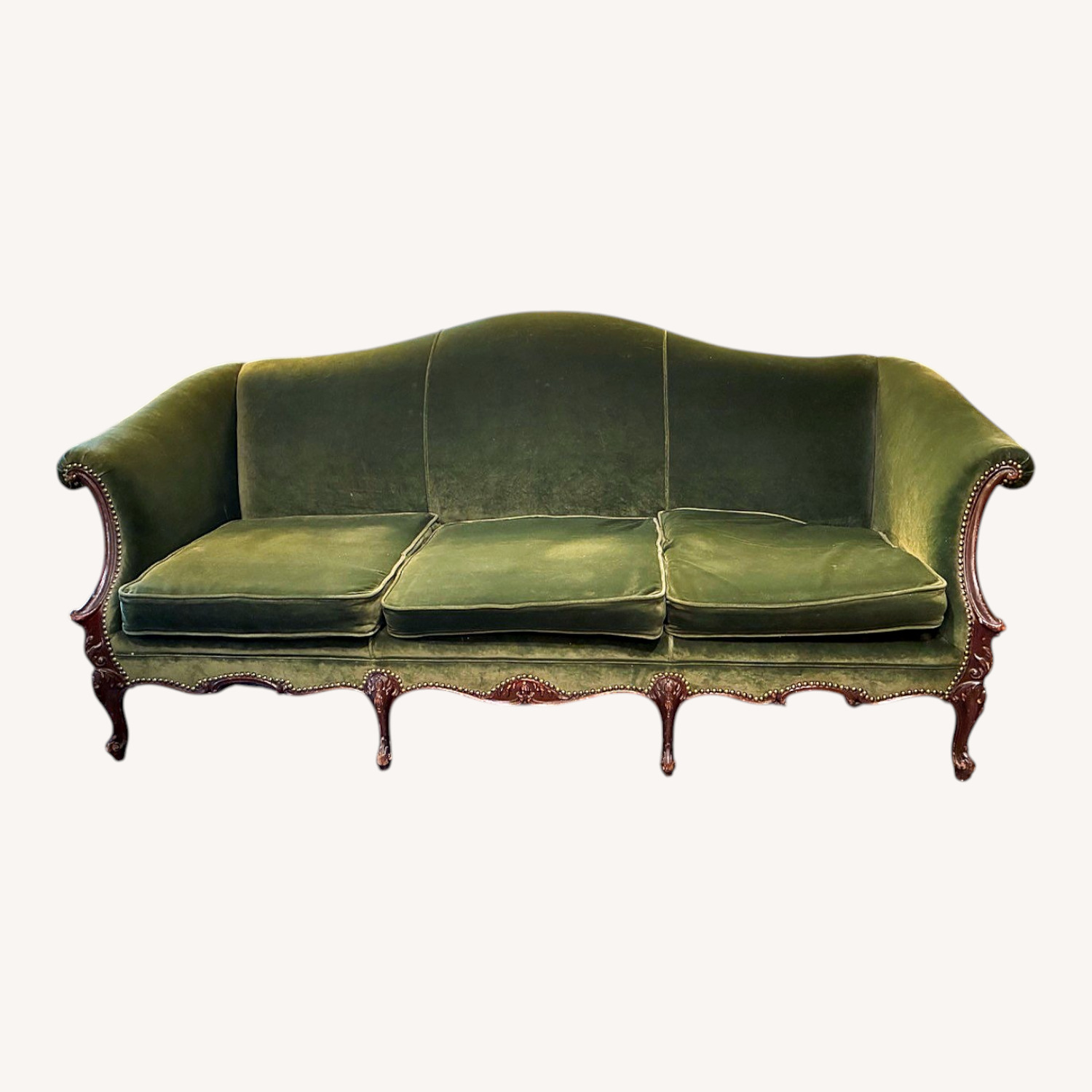 Vintage Green Velvet 3 Seater Sofa - image-7