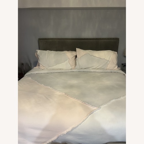 Used Macy's Gray Microsuede King Bed + Storage Bench for sale on AptDeco