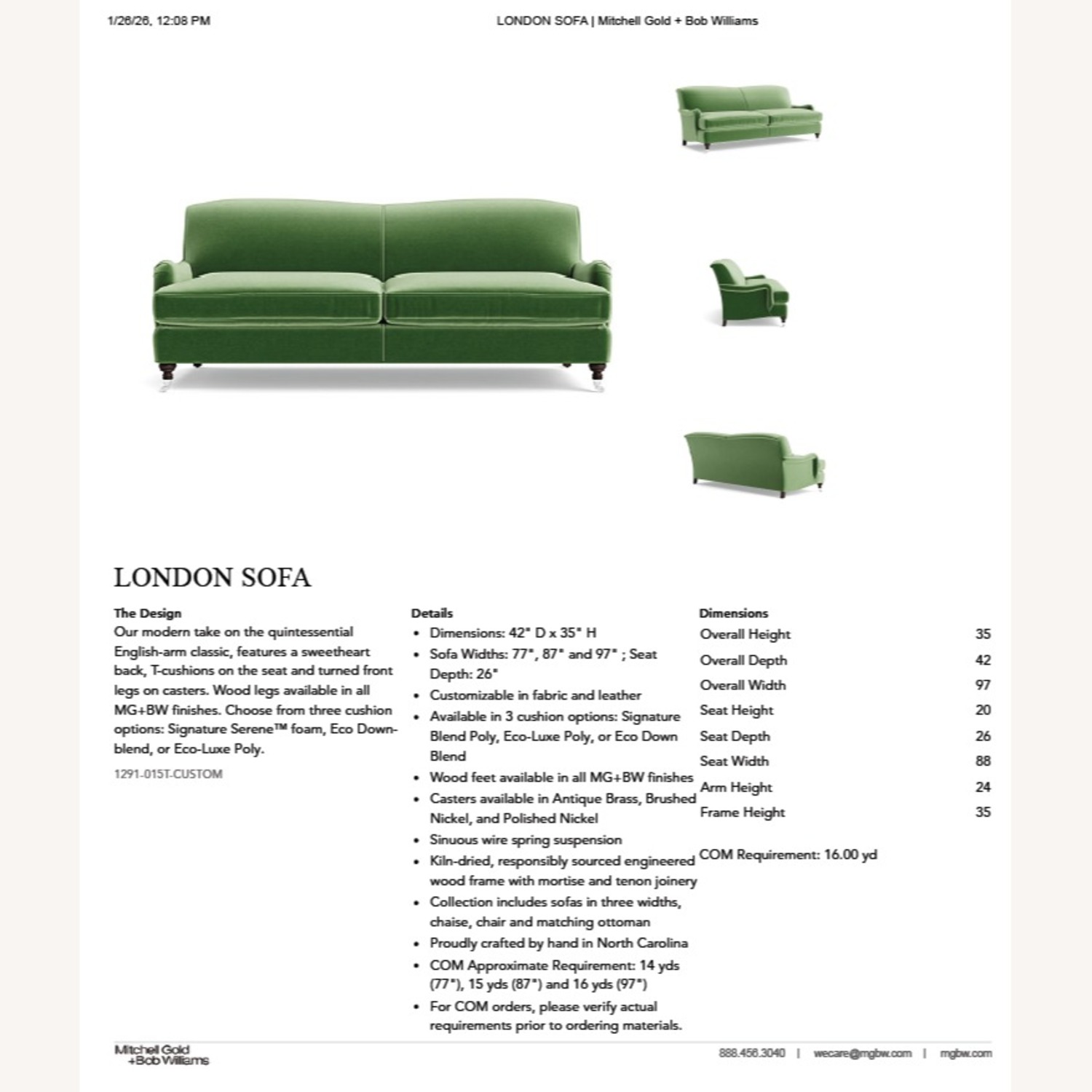 Mitchell Gold + Bob Williams Green London Sofa - image-9