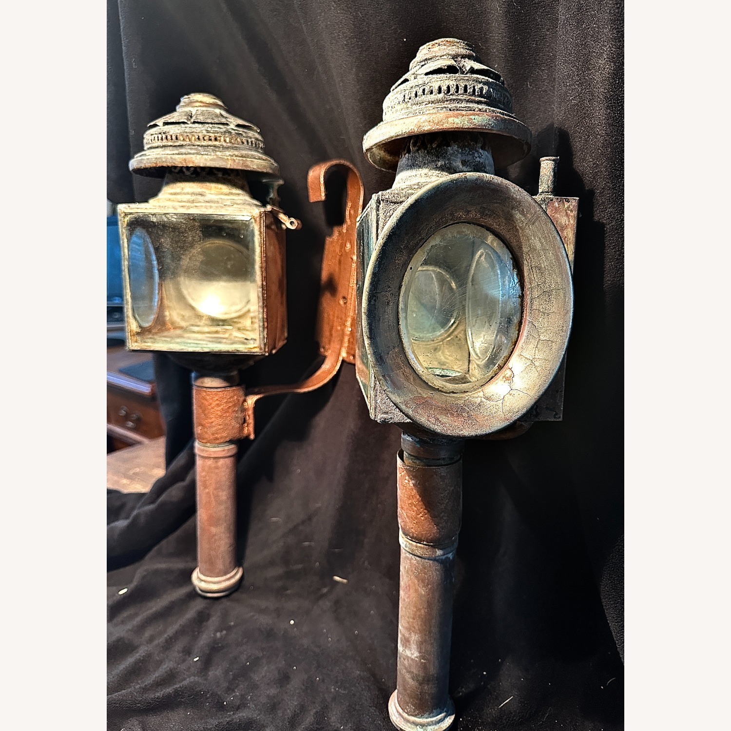 Pair Antique Copper Brass Carriage Lantern - image-1