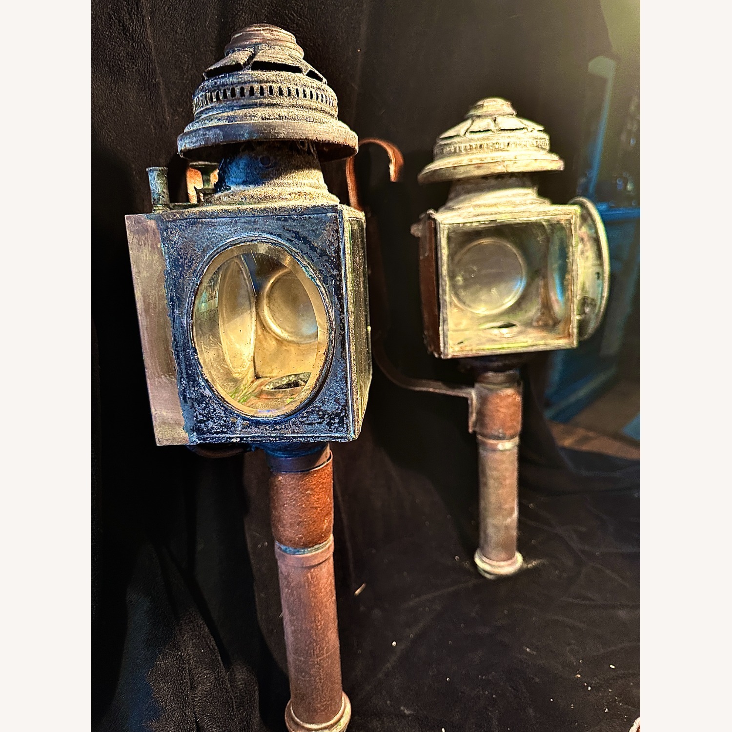 Pair Antique Copper Brass Carriage Lantern - image-5