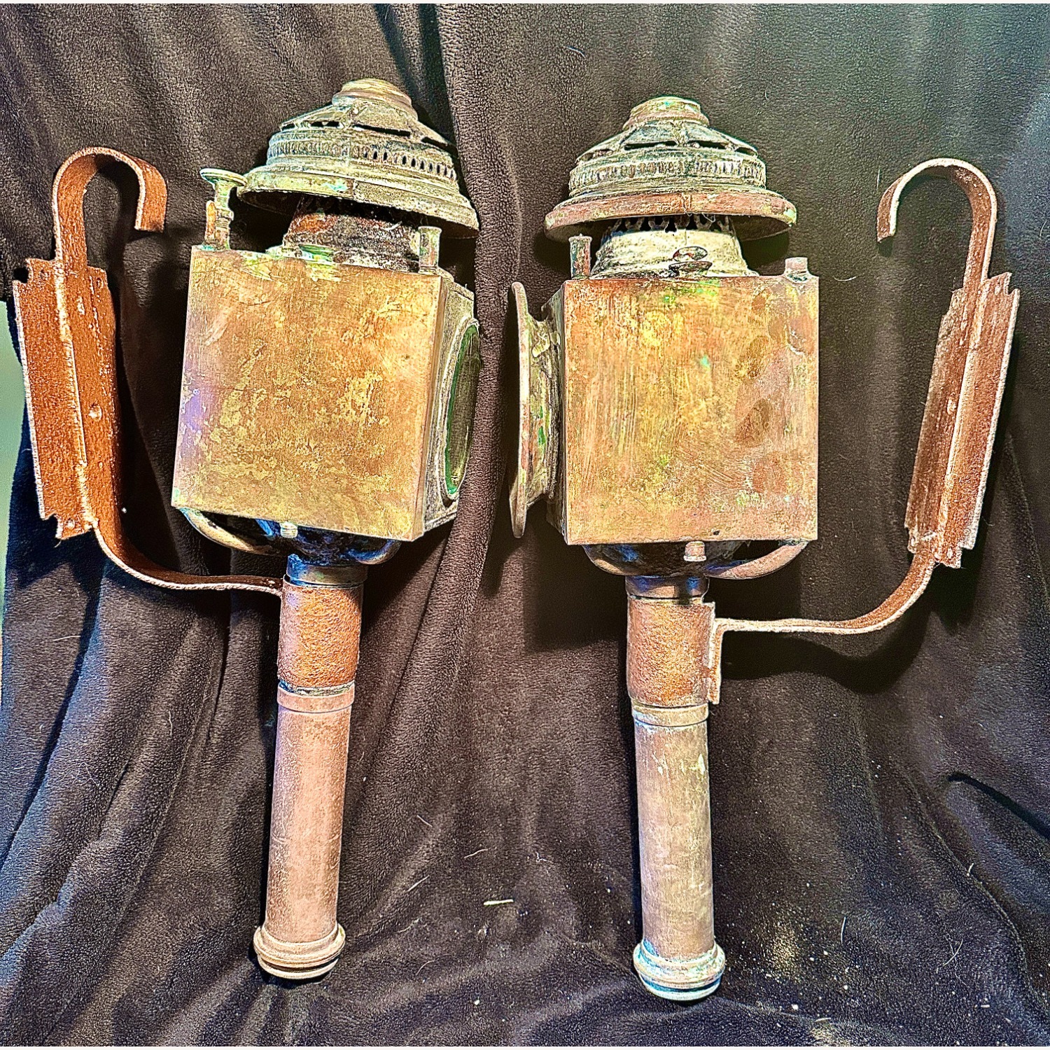 Pair Antique Copper Brass Carriage Lantern - image-6