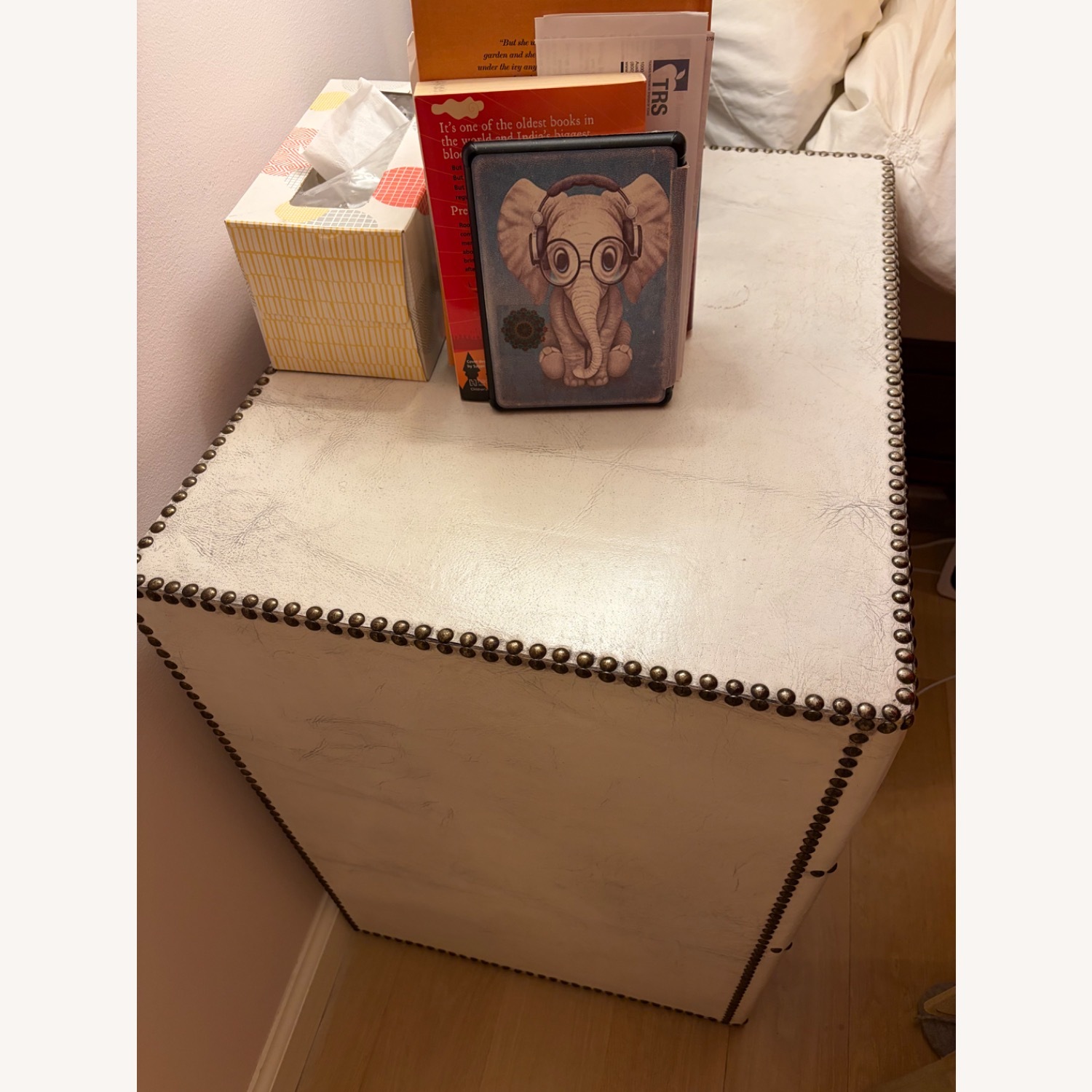 Restoration Hardware Marseilles White Leather Nightstands - image-2