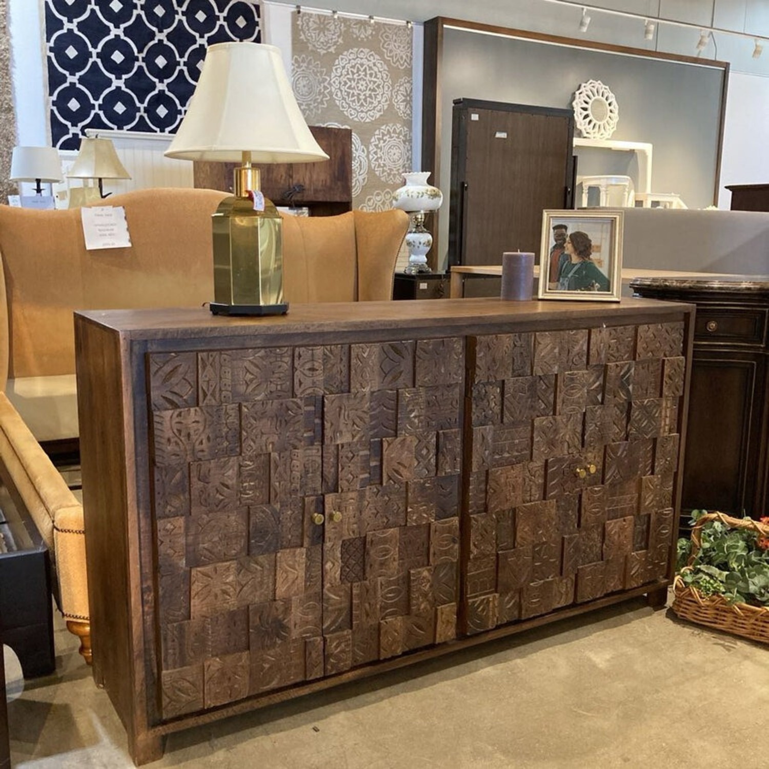 MCM Brutalist Carved Wood Four-Door Buffet - image-1