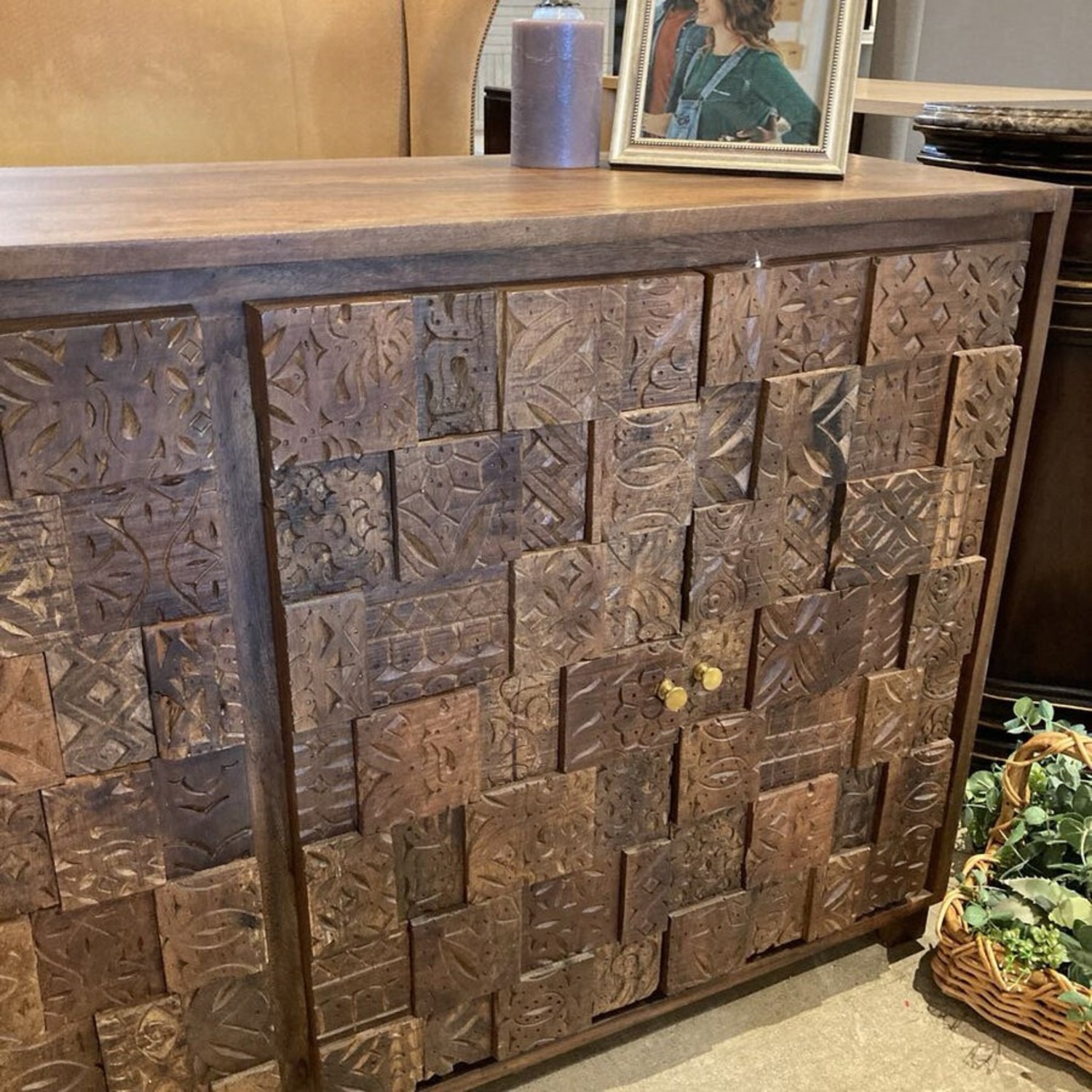 MCM Brutalist Carved Wood Four-Door Buffet - image-3