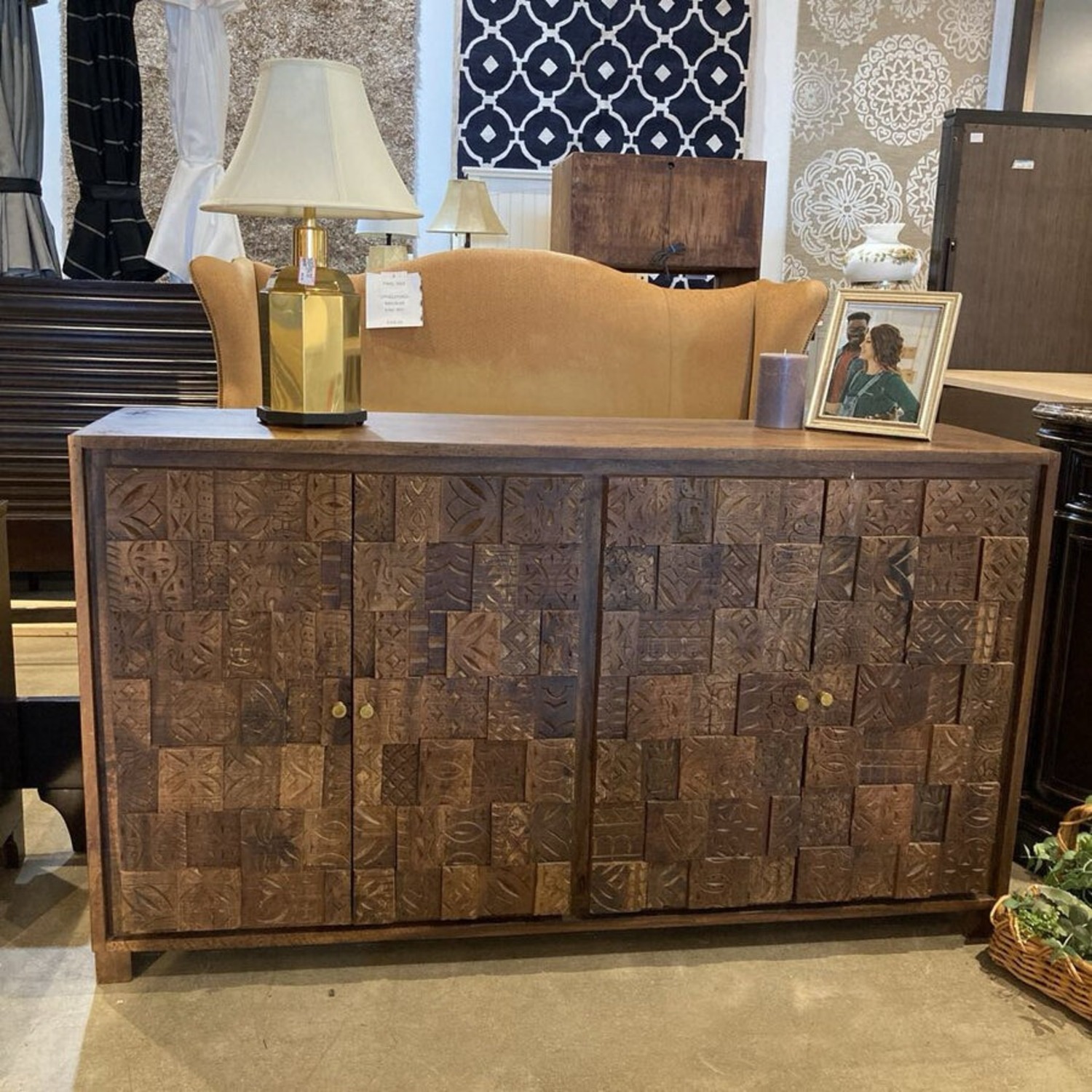 MCM Brutalist Carved Wood Four-Door Buffet - image-2