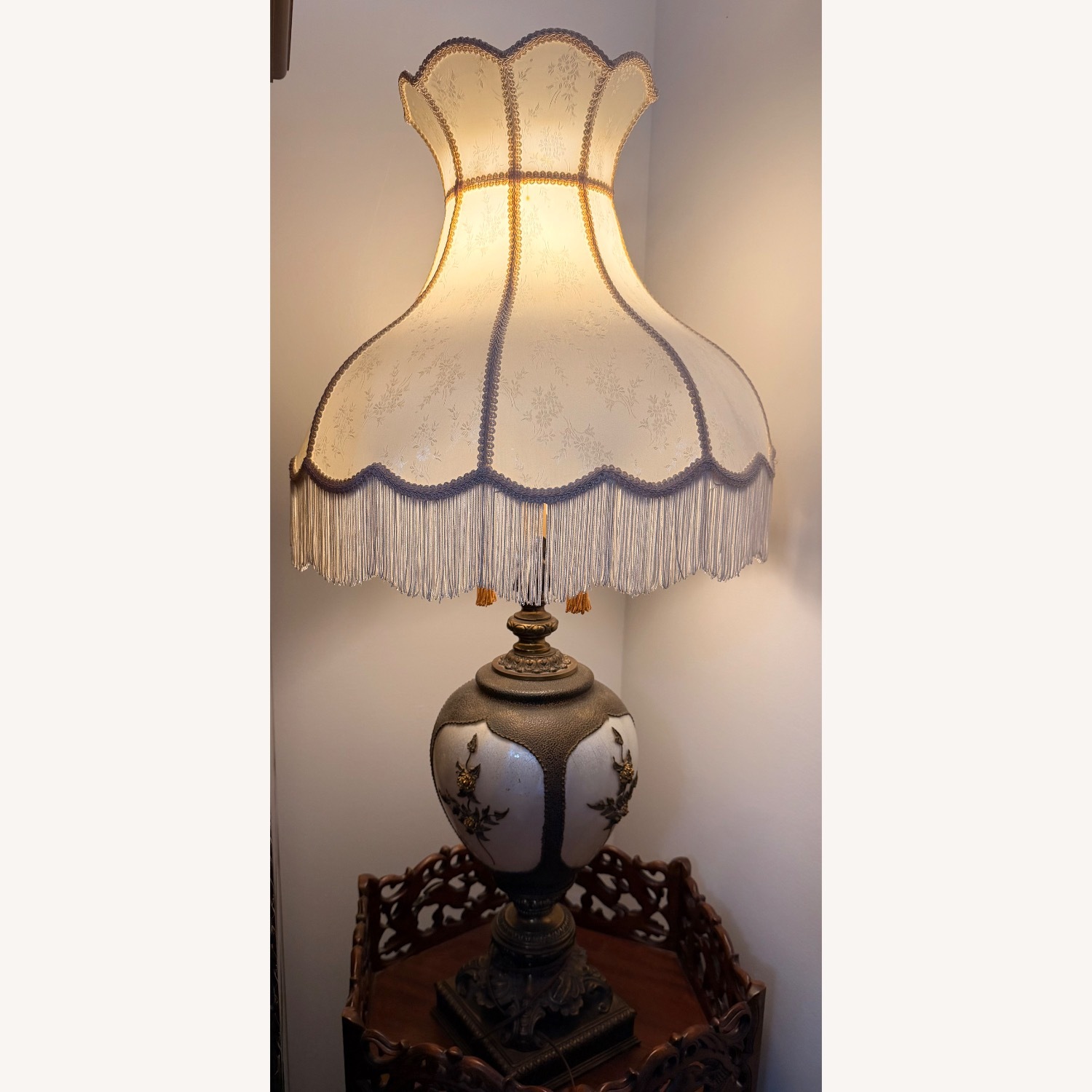 Vintage Style Ornate Lamp W Fringe Shade - image-0