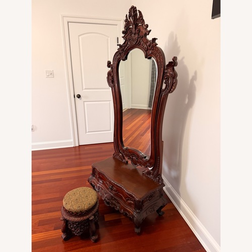 Used Antique Style Ornate Vanity Mirror with Stool for sale on AptDeco