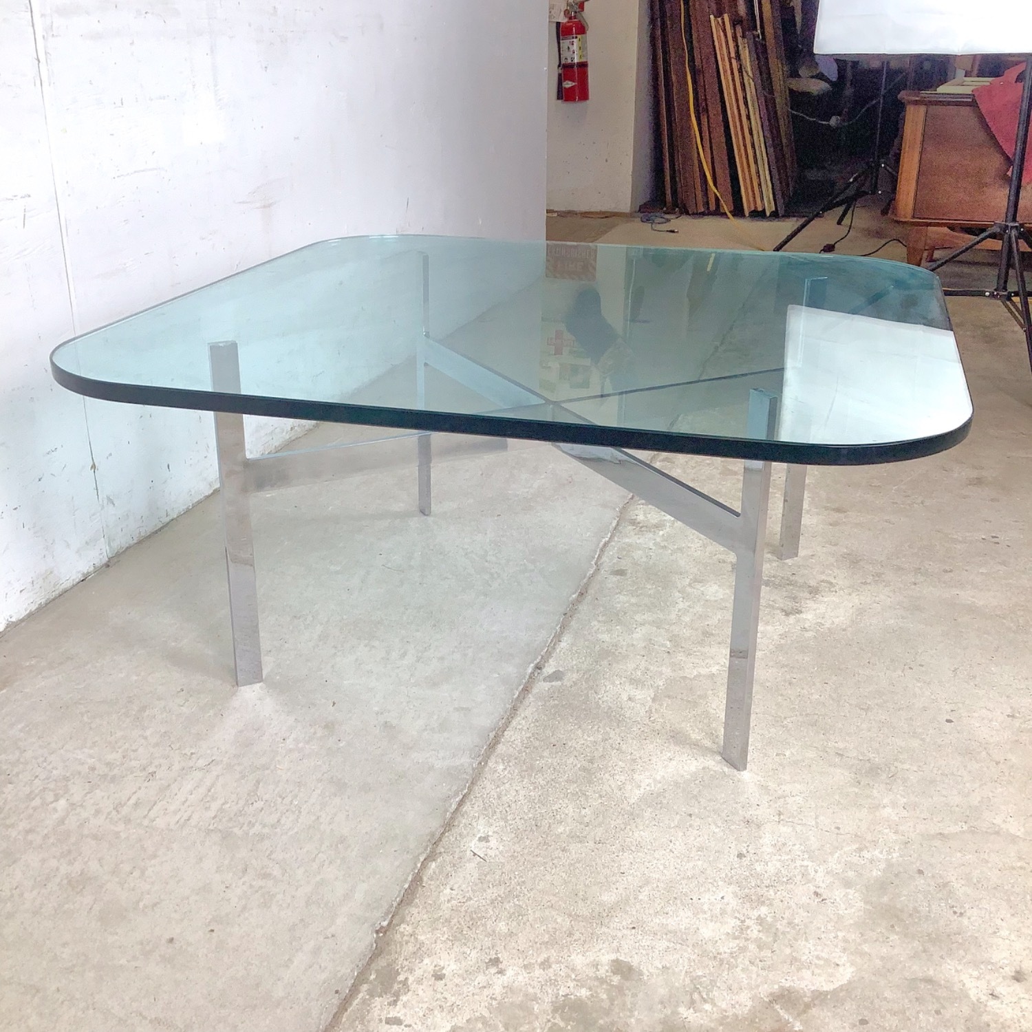 Vintage Glass Coffee Table with Chrome X Base - image-9