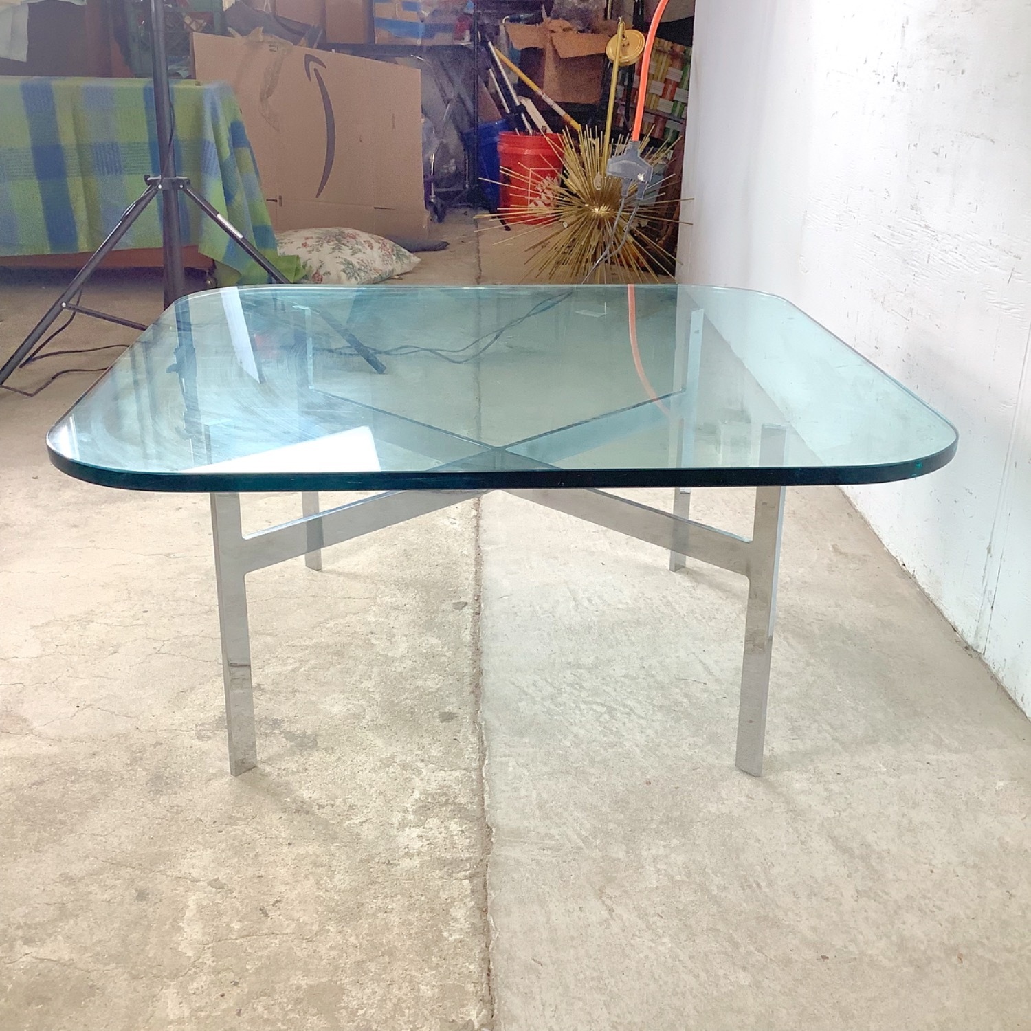Vintage Glass Coffee Table with Chrome X Base - image-5