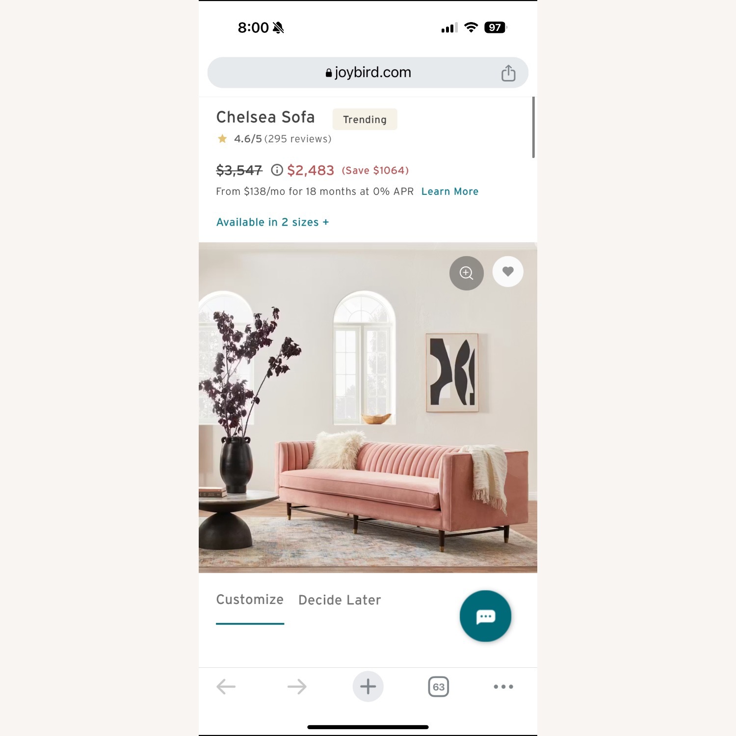 Joybird Chelsea Sofa in Plush Terra Rose - image-4