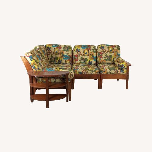 Used MCM Maple 3pc Sofa w Shelving & Vintage Upholstery for sale on AptDeco