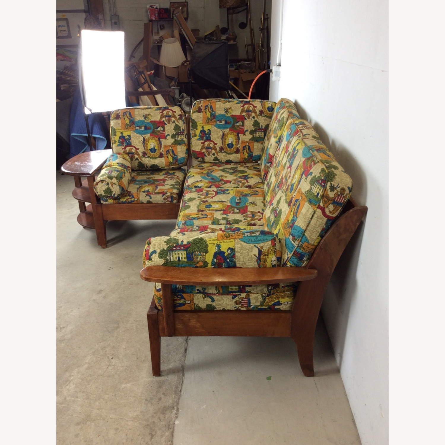 MCM Maple 3pc Sofa w Shelving & Vintage Upholstery - image-18