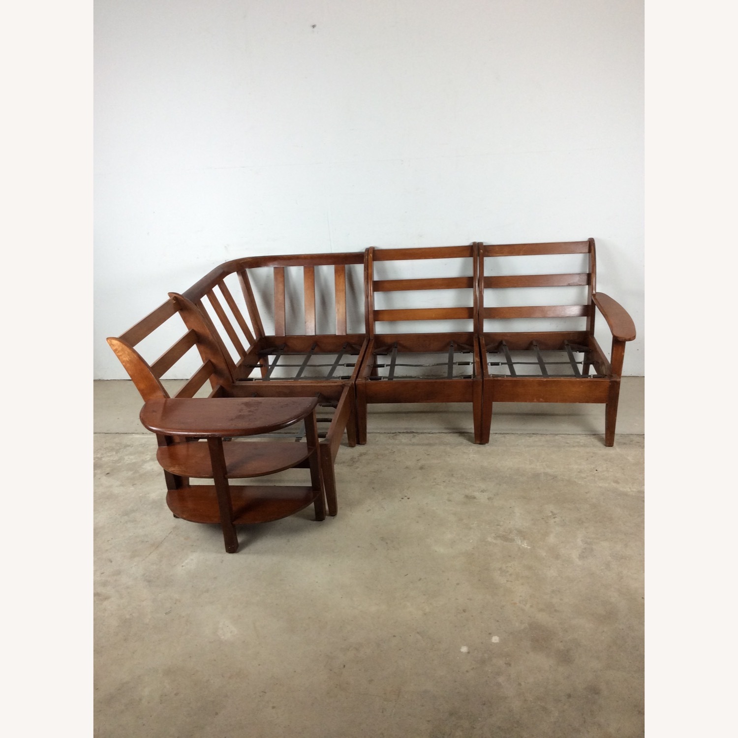 MCM Maple 3pc Sofa w Shelving & Vintage Upholstery - image-1