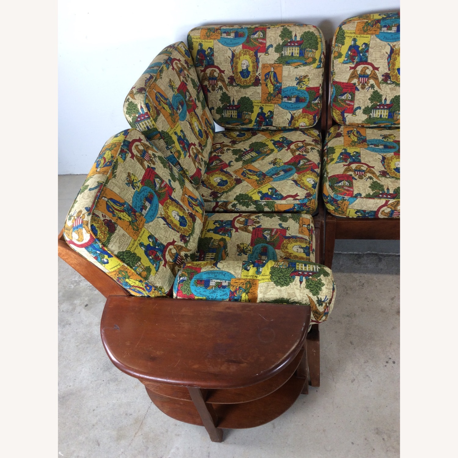 MCM Maple 3pc Sofa w Shelving & Vintage Upholstery - image-6