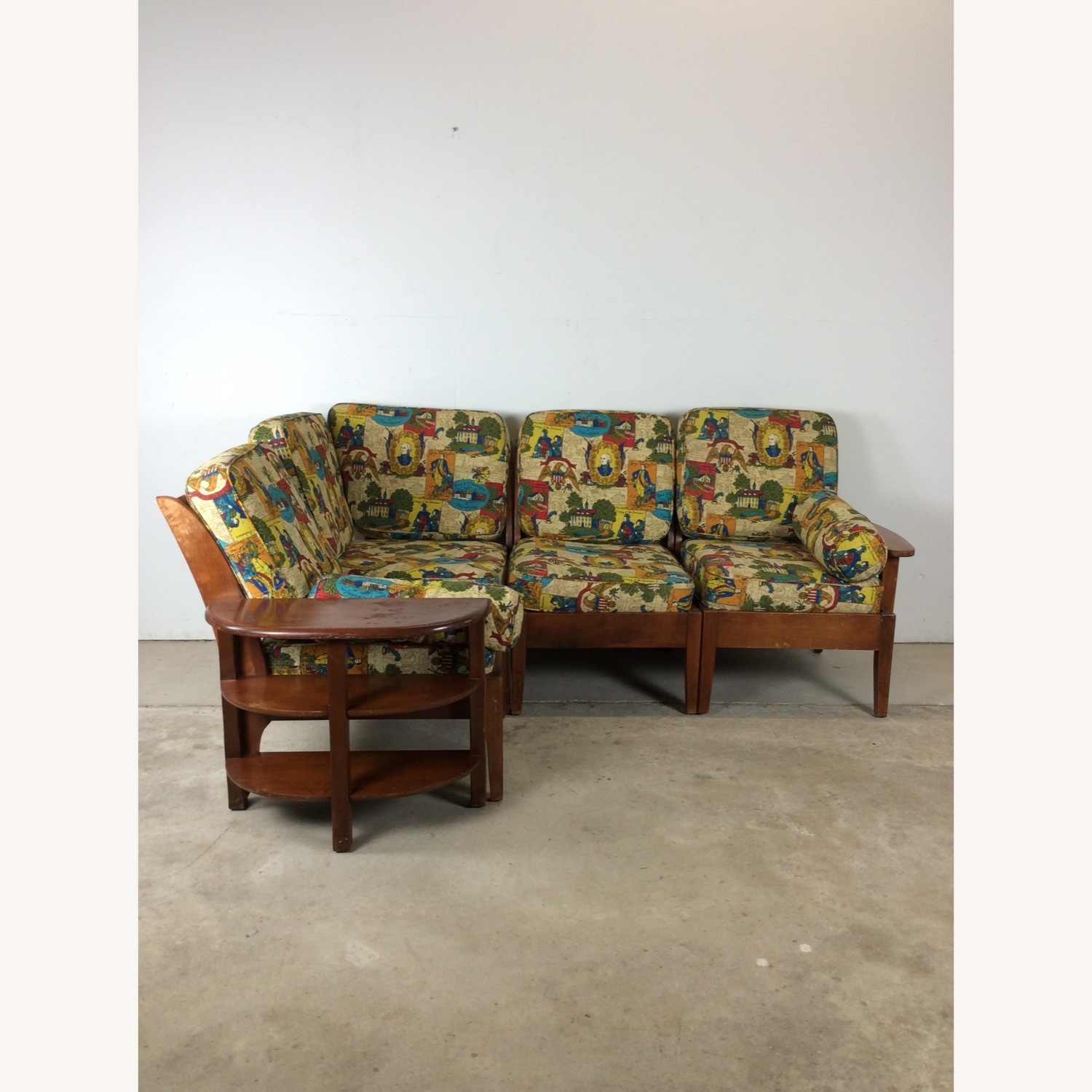 MCM Maple 3pc Sofa w Shelving & Vintage Upholstery - image-5