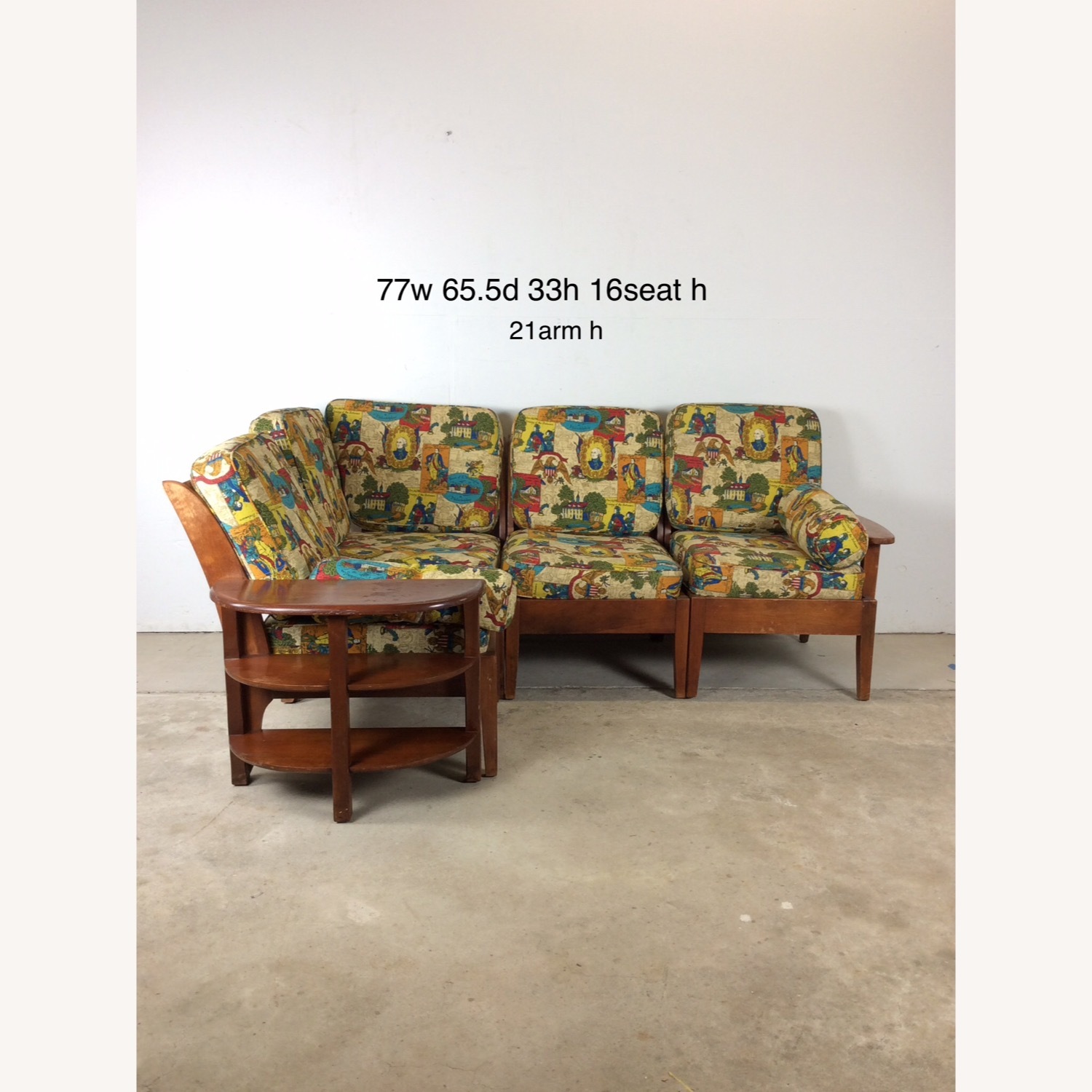 MCM Maple 3pc Sofa w Shelving & Vintage Upholstery - image-28